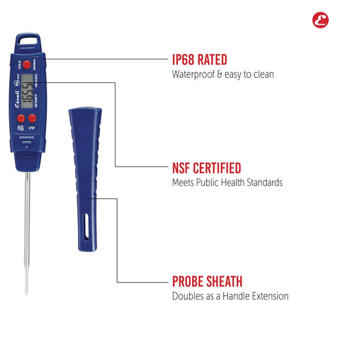 Advanced Digital Waterproof Meat Thermometer With Temperature Hold, Ultra Fast 1 To 3 Second Readings, IPX7 Waterproof, shown with sheath