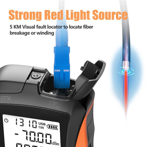 Heavy Duty Optical Power Meter With Visual Fault Locator And Fiber Cable Tester For Dead Easy Loss Checks And No Sweat Signal Analysis On Fc Sc St Connectors, showing blue connector and red light source.