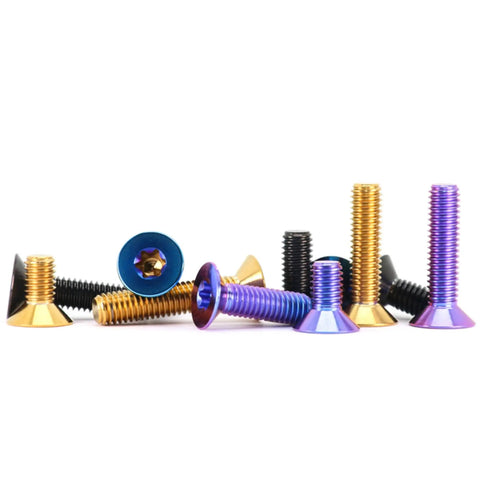 Premium Grade Five Titanium Countersunk Screws And Flat Head Bolts Four Pack M4 M5 M6 M8 Assorted Metrics in various colors.
