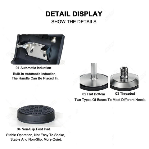 Detailed view of Automatic Coffee Tamper Machine with features: automatic induction, flat base, threaded base, and non-slip foot pad.