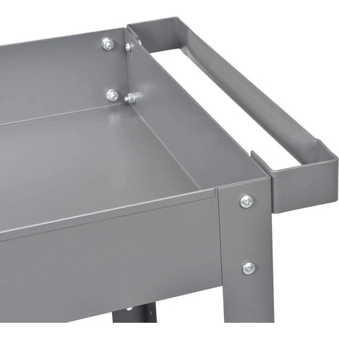Close-up of Rock Solid Heavy Duty Steel Storage Cart With Two Roomy Deep Trays, gray metal frame detail for tool organization.