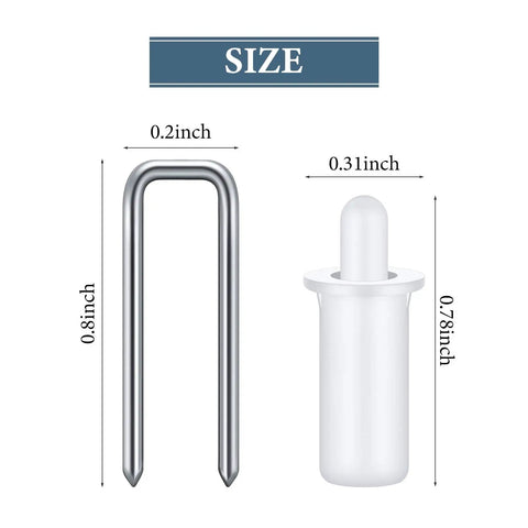 Top Shelf Plantation Shutter Repair Kit Includes Twenty Spring Loaded Pins And Twenty Louver Rod Staples For Easy Diy Window Fixes And Clean Home Refreshers sizing image with metal pin and plastic staple dimensions.