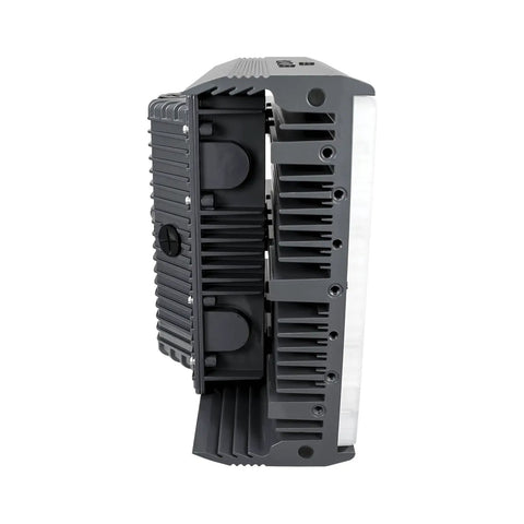 Pro Grade 50 Watt Led Flood Light Generating Solid 180 Degree Ultra Wide Beam side view showing trunnion mount and heat sink design.
