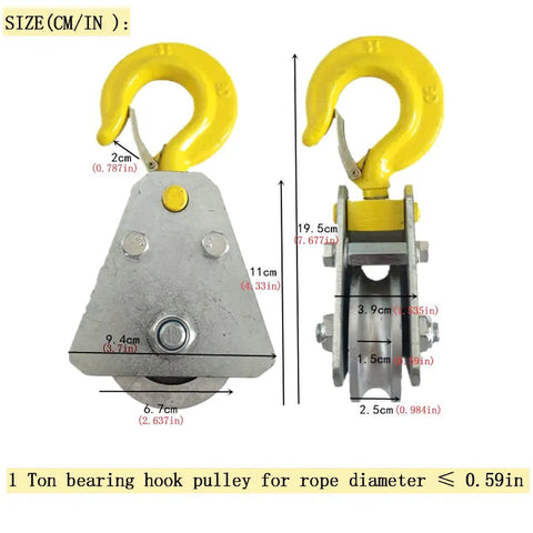 Front and side view of Two Pack 1 Ton Snatch Block With Hook Bearing Pulley For Wire Rope Electric Hoist Under Hook Lift System Built Like A Tank.