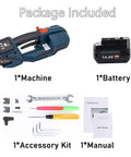 Handheld Electric Strapping Machine Portable Automatic Taping Tool With LCD Display For Boxes Pallets Hot Melting Sealer, package contents including battery and accessory kit.