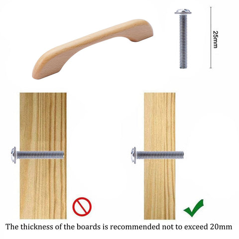 Installation guide for 4 Pcs Beech Wood Drawer Handles Flat Cabinet Pulls 128mm Center To Center Hole Distance with screw measurement.