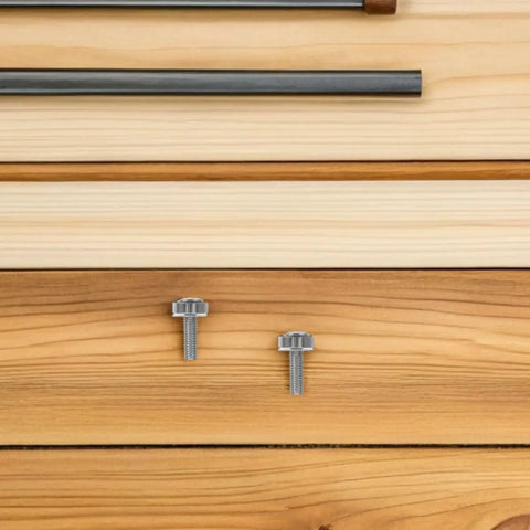 Heavy Hitter Crown Head Rack Mount Screws For Server Cabinets And Chassis Panels M6 By 20 Lock Tight Fasteners In Fifty Piece Pack on wood surface.