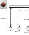 Dimensions of Three Light Linear Pendant Island Lighting With 5.9 Inch Globe Striped Glass Shades, adjustable height design.