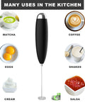 Handheld Electric Milk Frother Wand for Coffee at Home with various uses including eggs, cream, salsa, shakes, and matcha.