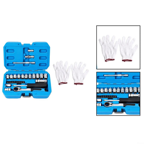 Heavy Duty 29 Piece Metric Socket And Ratchet Set With Through Hole Design And 72 Tooth Quick Reverse Ratchet in blue case with gloves.