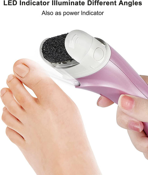 Cordless Rechargeable Electric Foot File And Callus Remover For Stubborn Dead Skin Care With Efficient Power Pedicure Tool, LED light shining on foot.