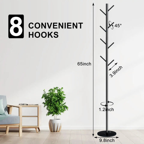 Freestanding Coat Rack With Marble Base And Eight Heavy Duty Hooks, slim space saver, 65in height, shown in modern room setting