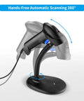 Handheld USB Barcode Scanner With Adjustable Stand For Store Supermarket And Warehouse Wired 1D 2D QR Image Reader Reads Paper Or Screen Fast 32Bit CPU Up To 300 Scans Per Second, shown mounted on a flexible stand.