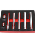 Heavy Duty Chrome Vanadium Socket Head Set With Three Eighth Inch Drive Extra Long 120mm Reach Six Piece Metric Sockets From 8mm To 14mm With Adapters For Electric And Pneumatic Tools Built Tough displayed in case