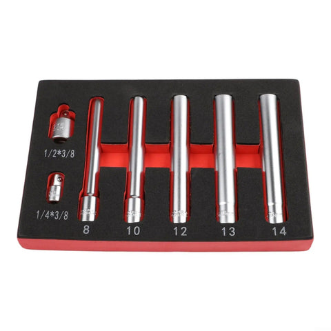Heavy Duty Chrome Vanadium Socket Head Set With Three Eighth Inch Drive Extra Long 120mm Reach Six Piece Metric Sockets From 8mm To 14mm With Adapters For Electric And Pneumatic Tools Built Tough displayed in case