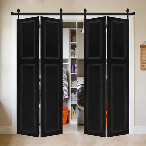 Heavy Duty Barn Door Hardware Kit With Slick Rolling Tracks For Closets And Laundry Rooms Compact Bi Fold Design, black doors in laundry space.