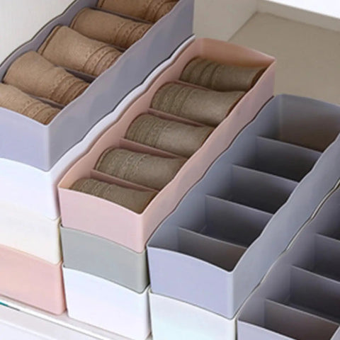 Six Piece Plastic Underwear Organizer Box For Drawer Dividers And Sock Keeper Keeps Your Lingerie Tight And Squared Away For A Really Slick Closet Setup, featuring pastel compartments for organized socks.