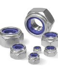 Close-up of Locknut Set 210 Pcs Nylon Insert Lock Nuts Assortment M2 To M8 Stainless Steel 304, showing blue nylon inserts and varied sizes.