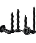 Fifty Piece Black Oxide Phillips Wafer Head Self Tapping Screws For Plastics And Electronics, displaying various sizes and designs.