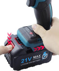 21V Cordless Automatic Rivet Nut Tool With Dual 5200mah Batteries showing user engaged with battery release button.