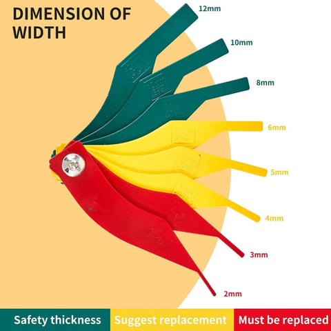 Color-coded Brake Pad Thickness Gauge Tool Set Of 8 for Quick Brake Lining Check with metric and SAE measurements.