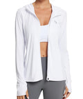 Women's UPF 50 Plus Sun Protection Hoodie Jacket For Hiking And All Day Outdoor Adventures Lightweight Long Sleeve With Hood And Thumbholes Breathable Quick Dry Fabric Ideal For Travel Fishing Beach White Size M - front view showing hood and thumbholes.