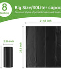 On The Go Eco Friendly Portable Toilet Replacement Bags 30 Liter shown in rolled and open sizes with measurements