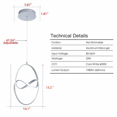 Dimensions and technical details for Lit Modern LED Pendant Light With Irregular Ring Design, 6000K Cool White, 33W, Non-Dimmable, Silver Finish.