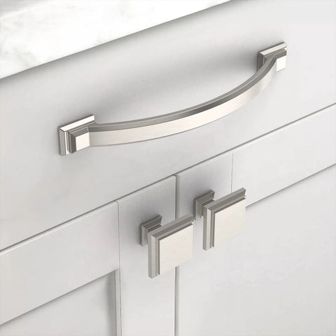 Installed 10 Pack 4 Inch Brushed Satin Nickel Cabinet Handles And Pulls For Kitchen Cabinets And Cupboards, showcasing satin nickel finish.