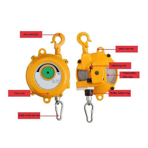 Beefy Adjustable Tool Balancer With Spring Tension And Telescoping Arm For Load Holding 120 To 140 Kg, Keeps Tools On Lockdown On Assembly Lines, Multifunctional Clamp Holder For Pro Grade Use. Yellow alloy steel tool balancer with safety hook and wire rope