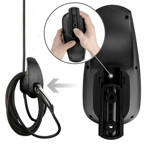 Slick Wall Mount Charging Cable Organizer For Tesla With Beefy Chassis Bracket And Tight Grip Power Cord Holder For Model 3 Model Y Model S Model X Garage Setup Matte Black showing user installing power cord.