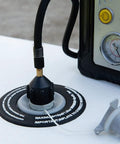 Inflatable Boat And Stand Up Paddle Board Pump Adapter For Schrader Valve No Fuss Universal Connector attached to pump