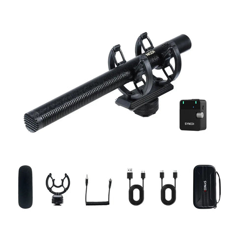 D2 Wireless Shotgun Microphone with Hypercardioid Condenser Pickup for Cameras Smartphones PCs and DSLRs, accessories shown