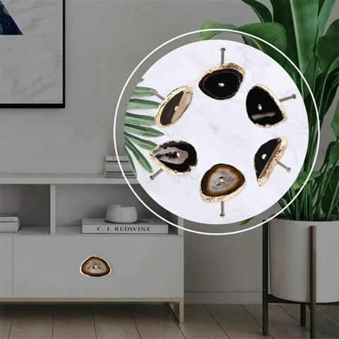 Premium Natural Agate Stone Drawer Handles With Brushed Gold Cabinet Knobs For Dresser TV Console And Kitchen Cupboards Screw In Mount Smooth Pull Grips displayed on a modern dresser.