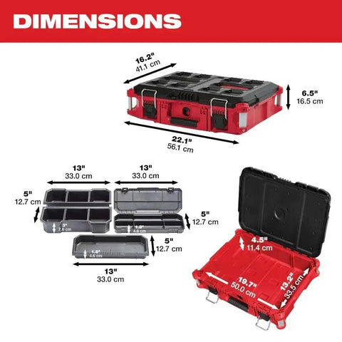 Weather Seal Tool Box With Organizer Bins 75 Lbs Capacity, Built To Last Modular Storage System, shown with dimensions and organizer trays.