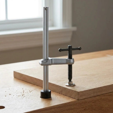 Heavy Duty Insertion Table Clamp Fixture With Ratchet Lock For Metalworking And Carpentry Benches Grab And Go Bench Hole Clamp Alloy Steel Holding Device With 160 By 80 Base And 20mm Spacing on wood bench
