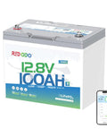 Rock Solid 12V 100Ah LiFePO4 Battery Group 24 Case with Bluetooth, compact design for RVs and fishing boats.
