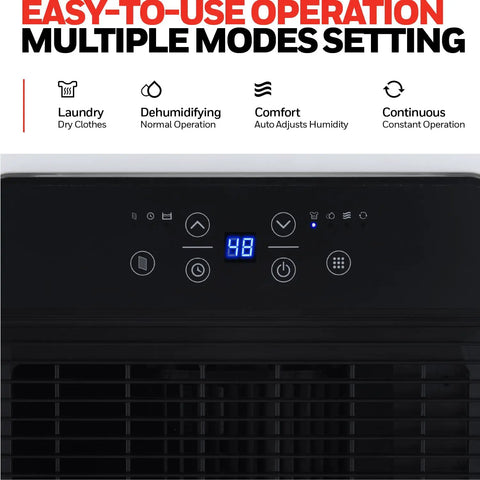 Control panel of Top Tier 32 Pint Energy Star Dehumidifier For Big Homes And Damp Basements with modes for laundry, comfort, and dehumidifying.