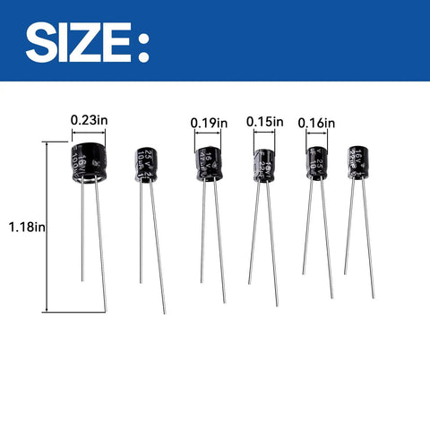Six Piece Capacitor Repair Set For Bose Wave CD Player Gets Your Receiver Straight Again By Dumping The Please Wait Error And Stopping That Annoying Click Noise, showing capacitor sizes and dimensions.