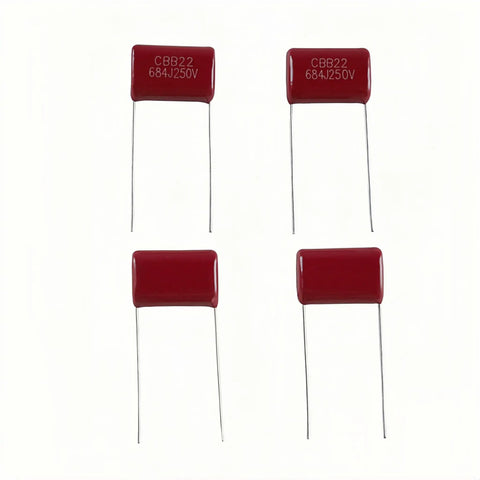 30 Values CBB22 Metallized Polypropylene Film Capacitor Kit With Radial Leads Solid Voltage Specs display of four red capacitors 684J 250V