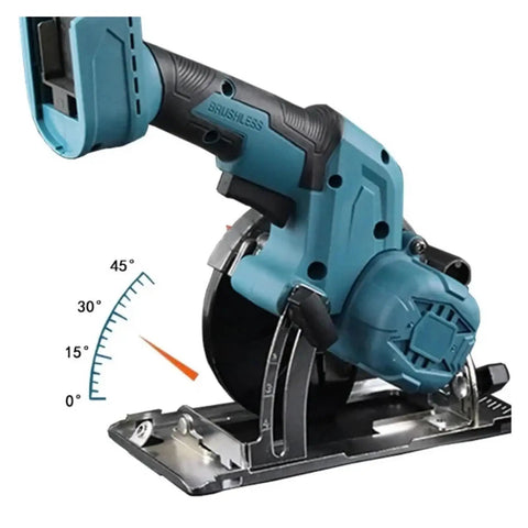 Badass Cordless Brushless Circular Saw 5 Inch 125mm handheld power tool with adjustable angle up to 45 degrees.