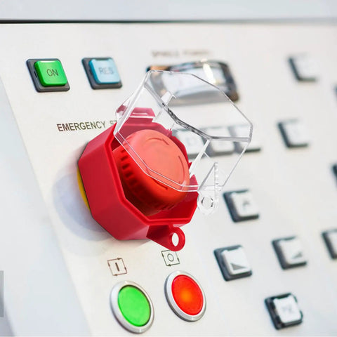 Emergency stop button with clear cover from 8 Pack Emergency Stop Button Kit With See Through Switch Covers for industrial control panel.