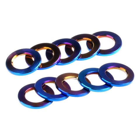 Badass Grade 5 Titanium Flat Washers For M5 Metric Bolts With Burnt Blue Finish 10 Pack arranged in a row.