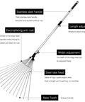 Diagram of Adjustable Garden Leaf Rake 24 To 63 Inch Telescopic Metal Rake No Hassle Multipurpose Expandable Folding Leaves Yard Rake with labels.