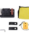 Cordless Mini Bench Grinder With Dual Three Inch Grinding Wheels And Variable Two Thousand To Six Thousand RPM components, including grinder, accessories, and cloth.