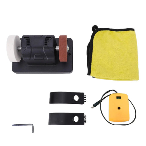 Compact Cordless Mini Bench Grinder Equipped With Twin Heavy Duty Wheels And Seamless 2000 To 6000 RPM Adjustments For Badass Metal Sharpening And Fine Polishing On The Fly with accessories and cleaning cloth.