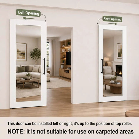 36 By 80 Inch Sliding Barn Door Featuring Concealed Hardware And Butter Smooth Soft Close System Plus Full Length Mirror, left and right opening options.