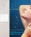 IP66 waterproof wireless light switch and receiver kit next to shower scene, showcasing safety for outdoor and indoor use.
