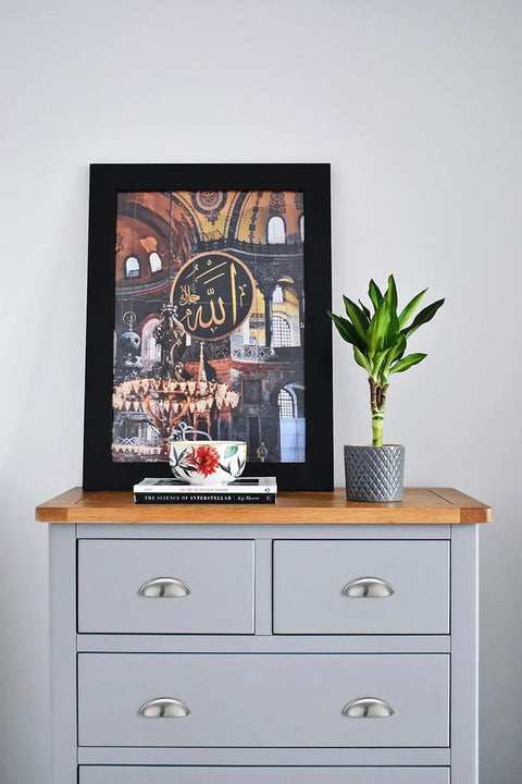 Premium Brushed Nickel Cabinet Pulls 3 Inch Center To Center displayed on a grey dresser with art, plant, and decorative items.
