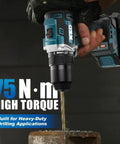 Heavy Duty Cordless Drill And Driver With Badass Brushless Motor Killer 75 Nm Torque drilling into metal with a black chuck and teal body.